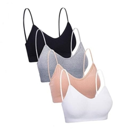 ablever BH Damen Ohne Bügel 4er Set V Hals Basic Wohlfühl Sport BH Spaghettiträger Bralette Nahtlose Gepolsterte Schlafen BH mit Spaghetti Bra Top Low Support Bra(XL, Weiß+Grau +Schwarz+Aprikose) - 1